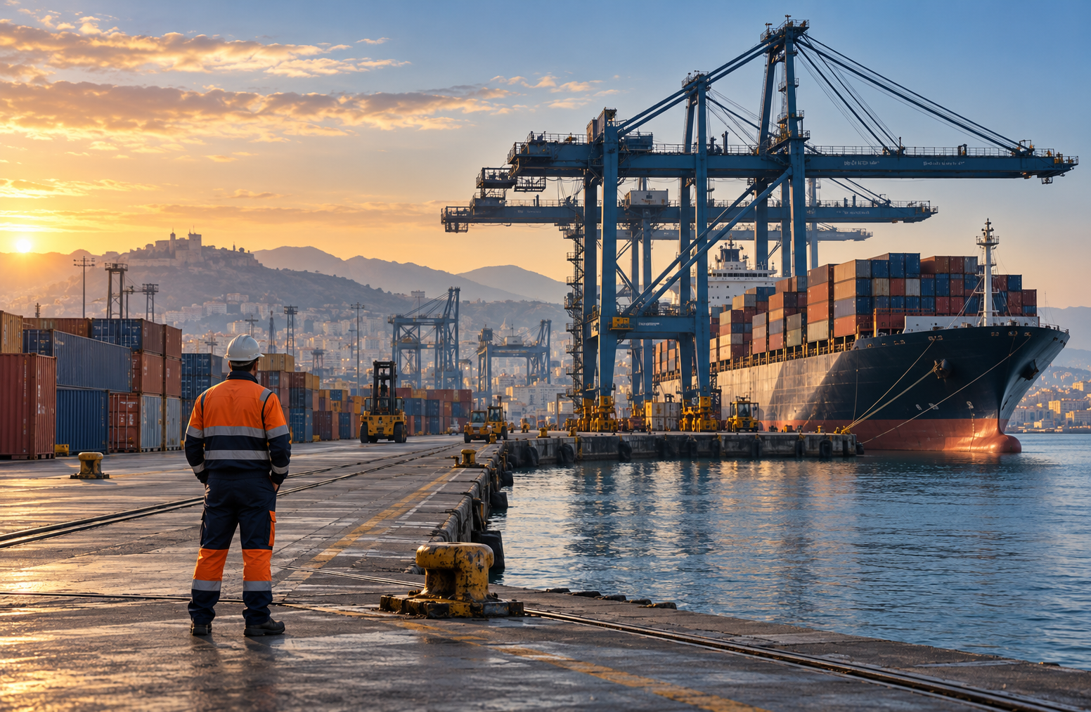Lavoratore portuale tra gru e container: illustrazione generata con IA