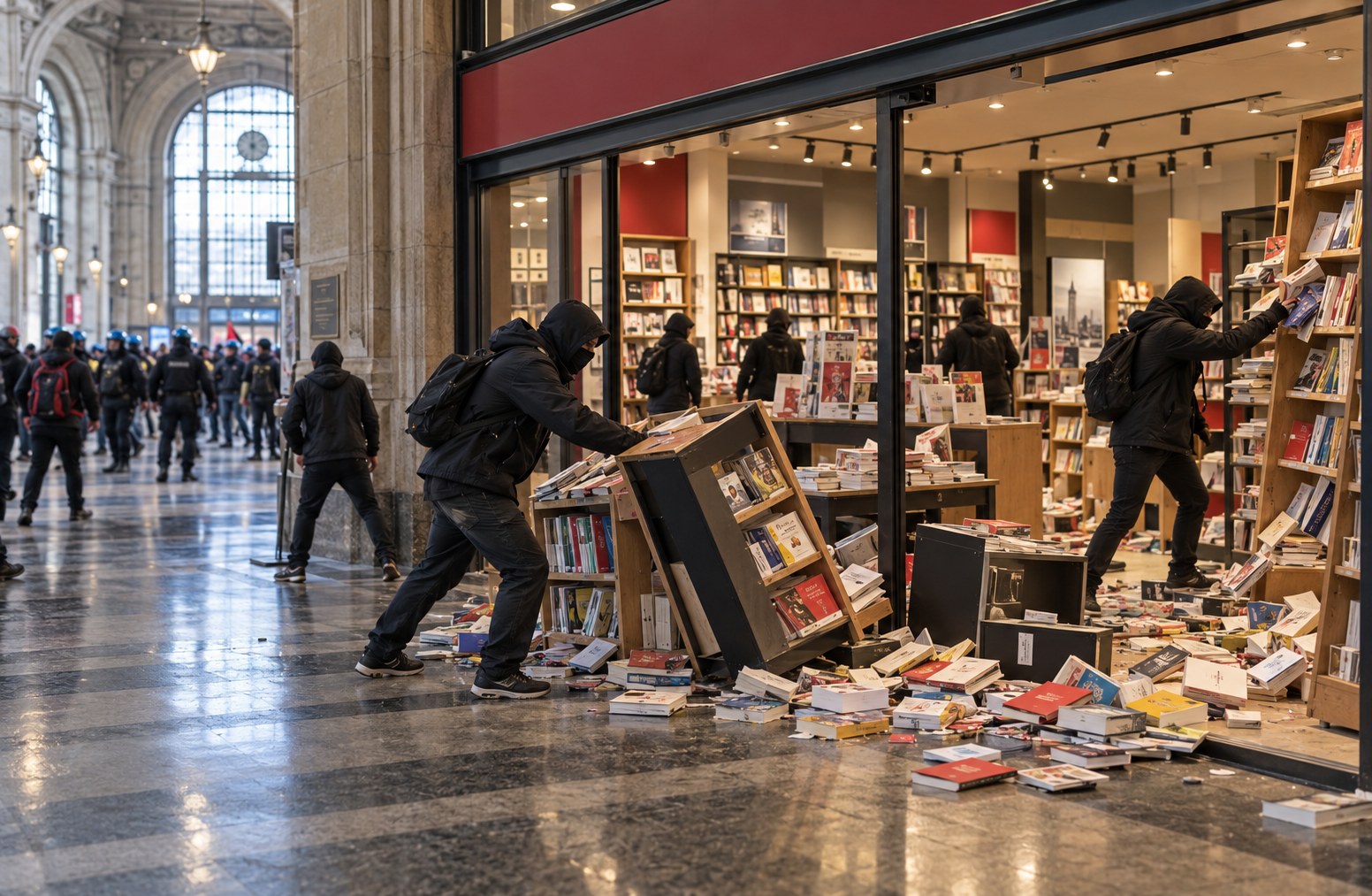 Torino: ricostruzione illustrativa IA dell’irruzione in una libreria a Porta Nuova. Ambiente e azioni simulati.