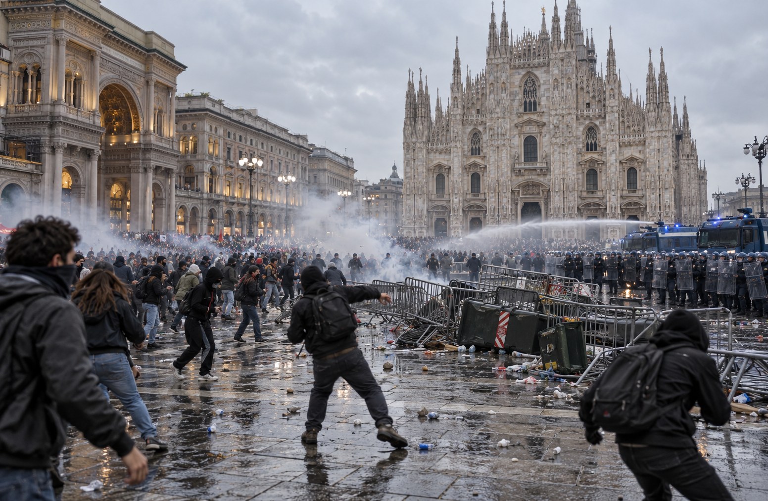 Milano: ricostruzione illustrativa IA degli scontri descritti in zona Duomo. Scena simulata, non fotografia reale.