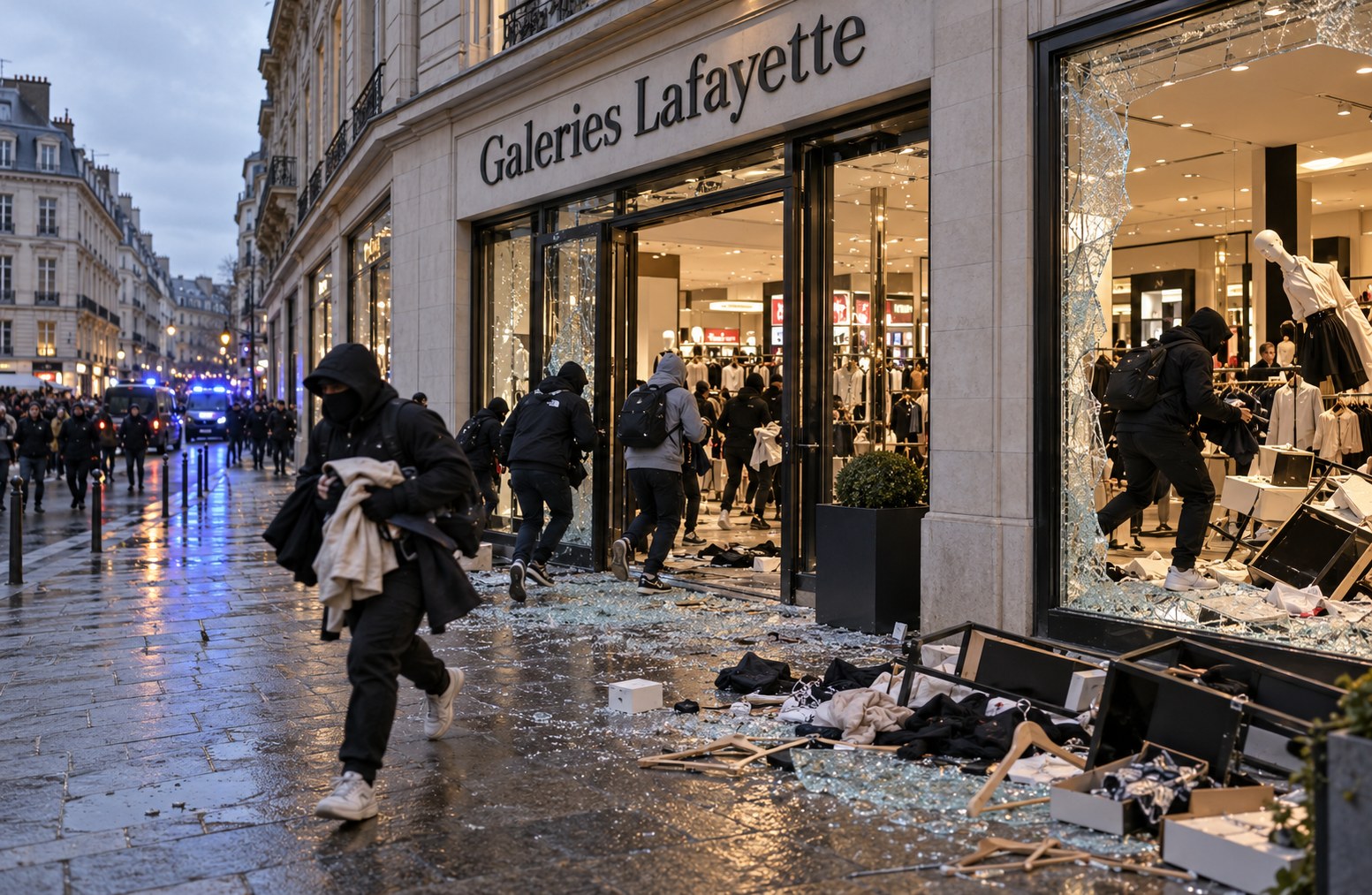 Galeries Lafayette: ricostruzione IA ispirata alle notizie da Rennes. Non riproduce esattamente il negozio o gli eventi.
