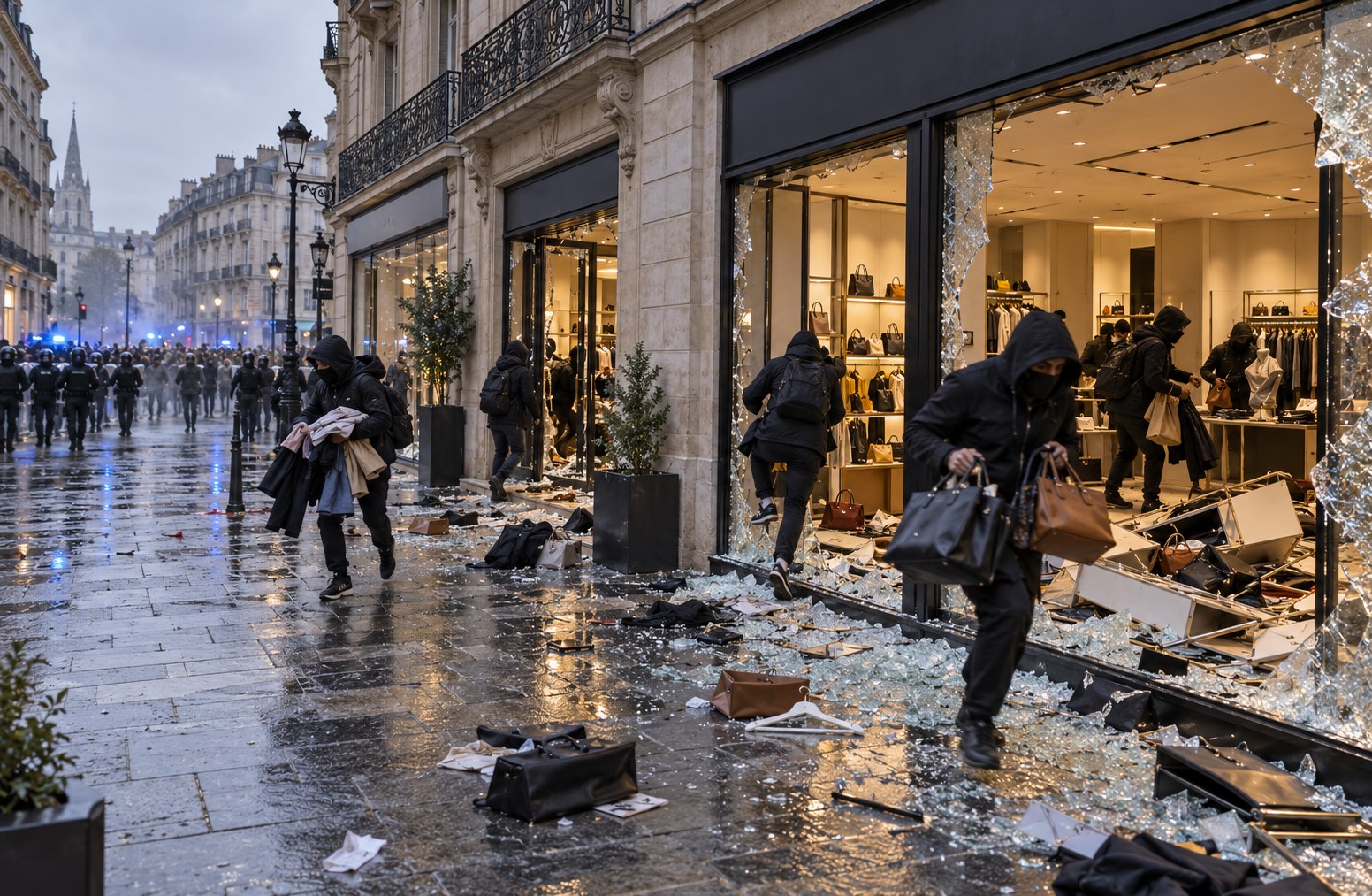 Francia: simulazione IA di un’irruzione in negozi di abbigliamento e pelletteria. Non documenta uno specifico esercizio.